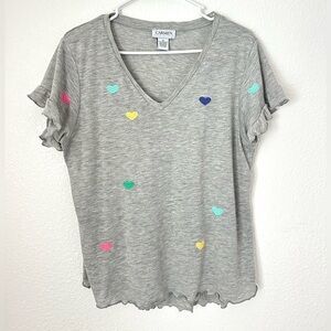 Carmen Marc Valvo Tee Womens M Gray V-Neck Ruffle Heart Short Sleeve Casual Top